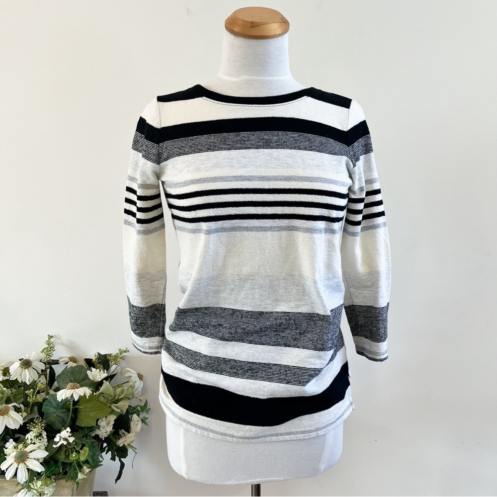 T by Talbots 100%Cotton Black And Cream Striped Top